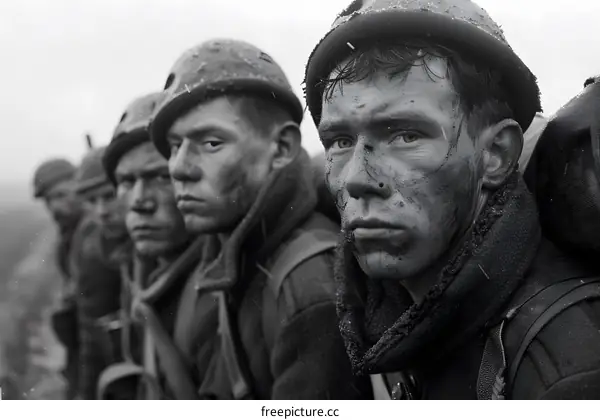 A group of soldiers in the rain