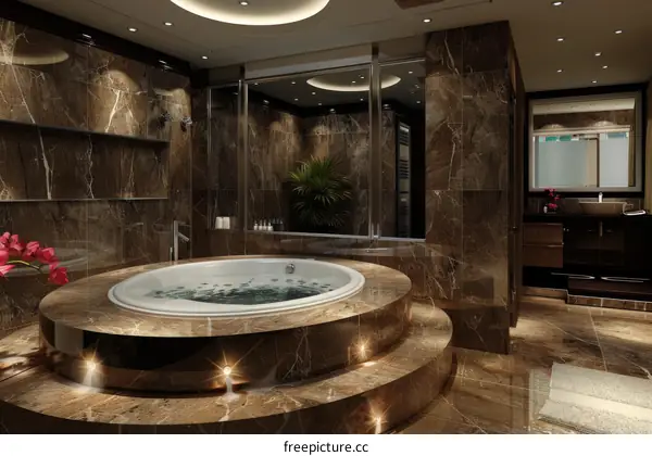 Luxury Brown Marble Jacuzzi Bathroom Interior Design