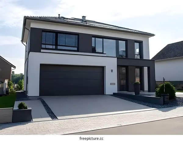 Modern House with Black Garage Door and White Exterior
