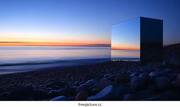 Black Mirror Reflecting Sunset Over Ocean and Pebble Beach