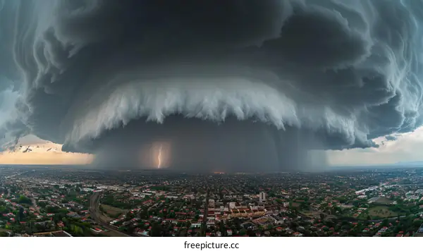 A large storm cloud is about to hit a city