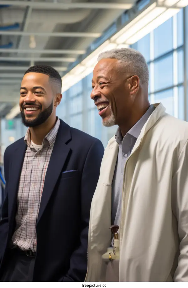 Two African American men are talking and smiling in a brightly lit room.
