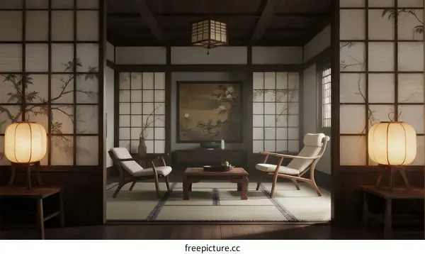 Traditional Japanese Room with Paper Sliding Doors and Wooden Furniture