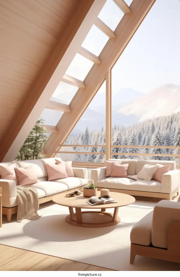 A Cozy Living Room with a Scenic View of the Snow-Capped Mountains