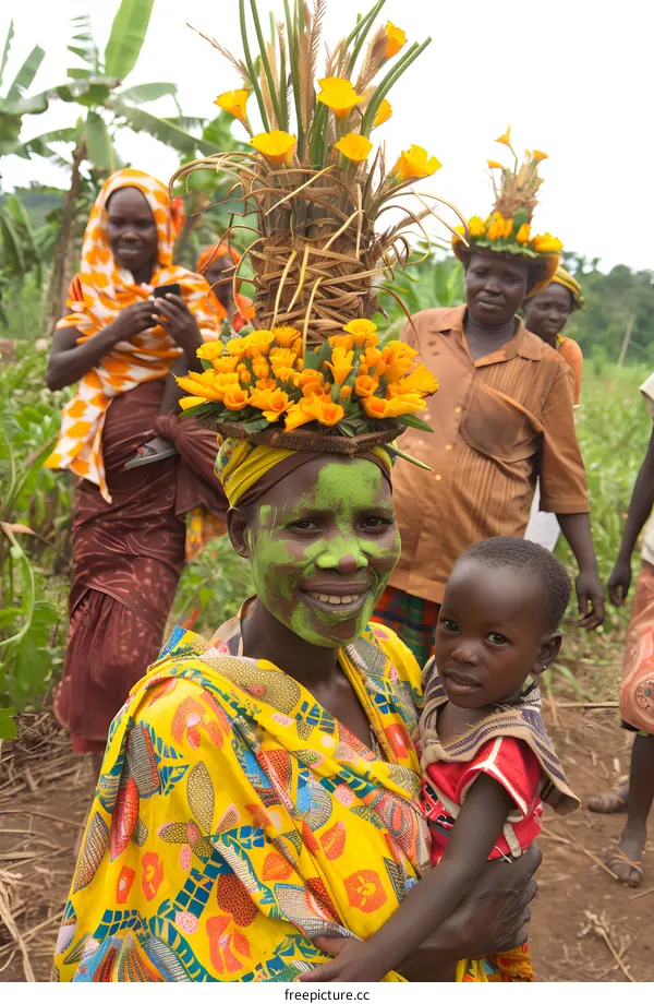 African Woman in Traditional Clothing and Headdress Holding a Child