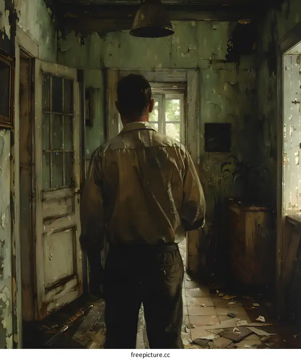 man standing in a room with a broken wall