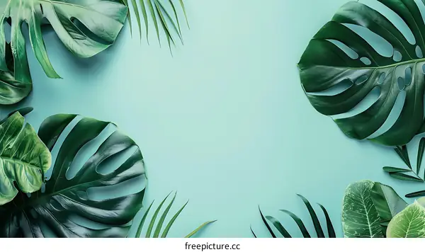 Green Tropical Leaves On Blue Background