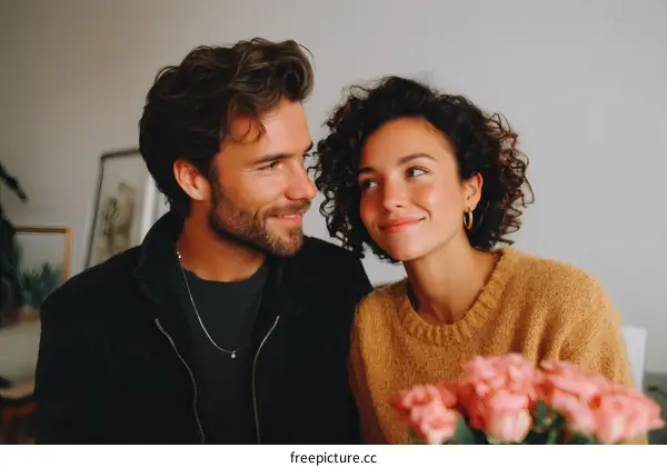 Couple Smiles at Each Other with Flowers