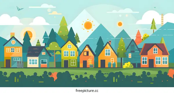 Colorful Illustration of Houses in a Green Landscape