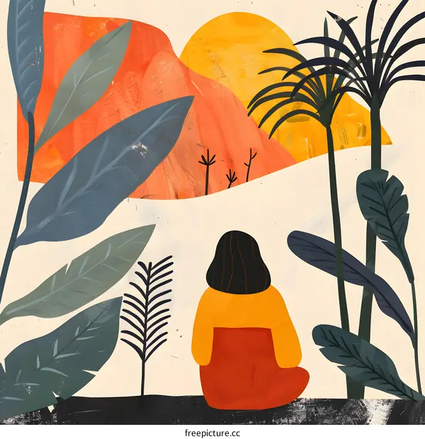 Woman Sitting in Front of a Sunset Landscape