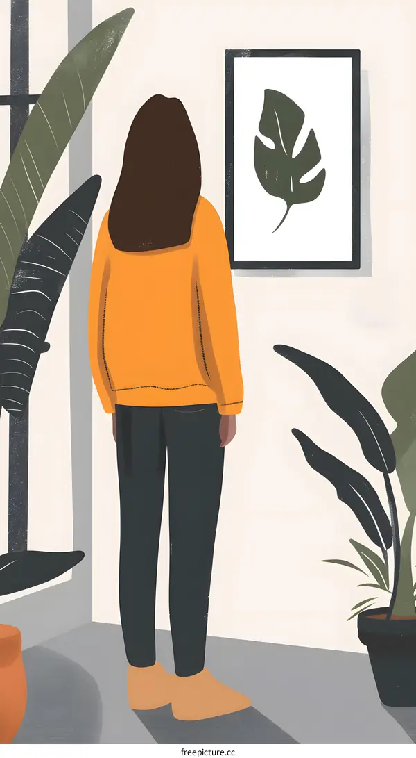 Woman Looking at Framed Monstera Leaf Artwork