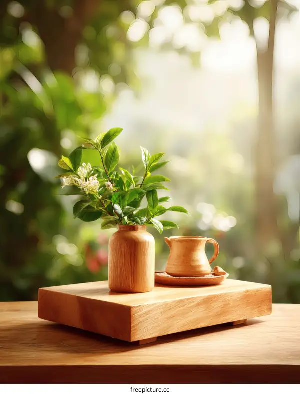 Wooden Tabletop Decor with Flowers and Vessels