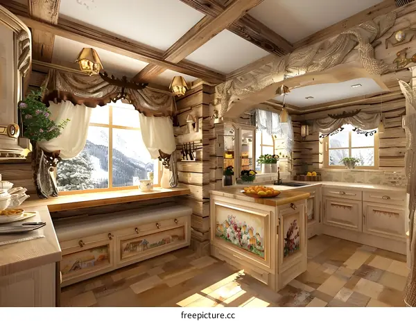 Rustic Kitchen Interior Design With Wooden Beams and Large Windows