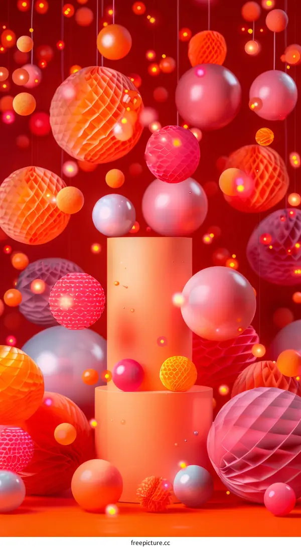 Pink and orange 3D spheres of various sizes with a red background