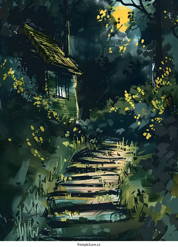 Mysterious Forest House with Stairway in the Moonlight