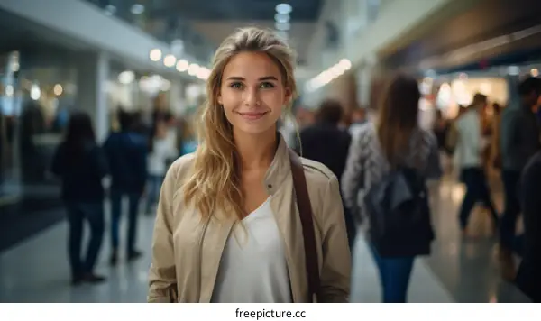 Portrait of a young blonde woman in a shopping mall