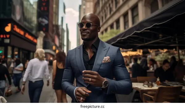A well-dressed man of African descent is walking down a busy city street