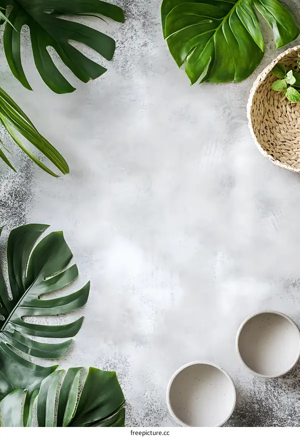 Tropical Leaves and White Bowls on a Grey Background