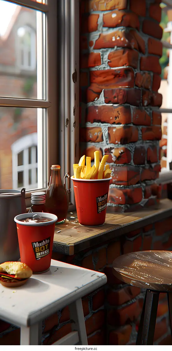 French Fries and a Burger on a Window Sill