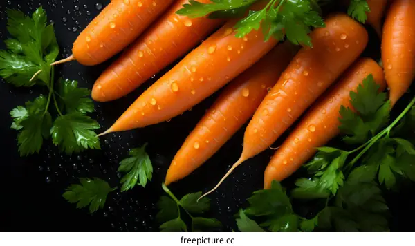Fresh carrots with parsley on a black background