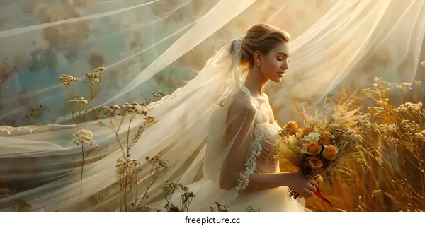 A young woman in a wedding dress