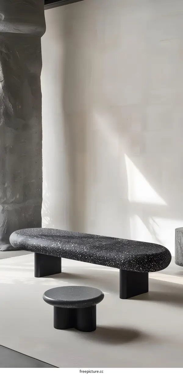 Modern Black and White Stone Bench and Round Table