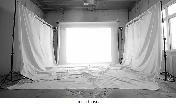 Black and white photo of an empty studio with white curtains and spotlights