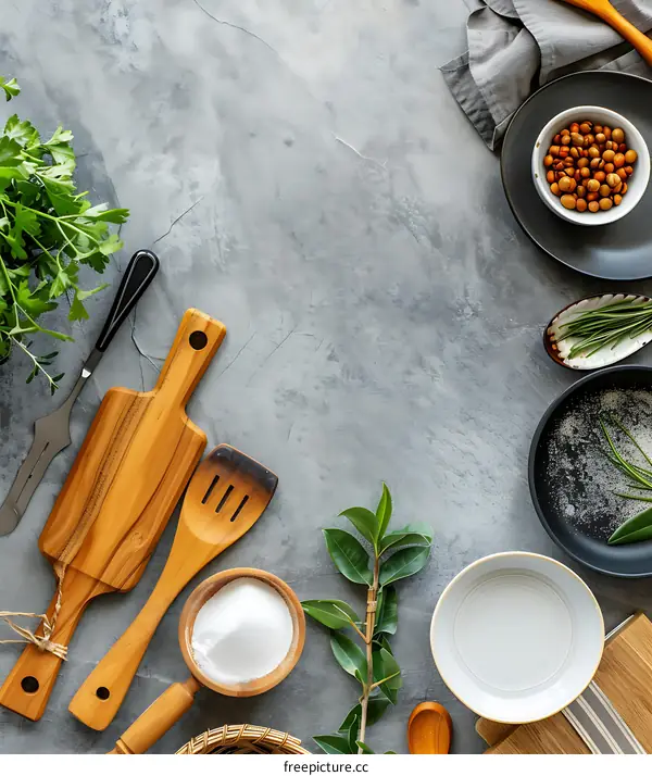 Kitchen Cooking Background With Cutting Boards And Spices