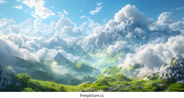 Fantasy landscape with mountains and clouds