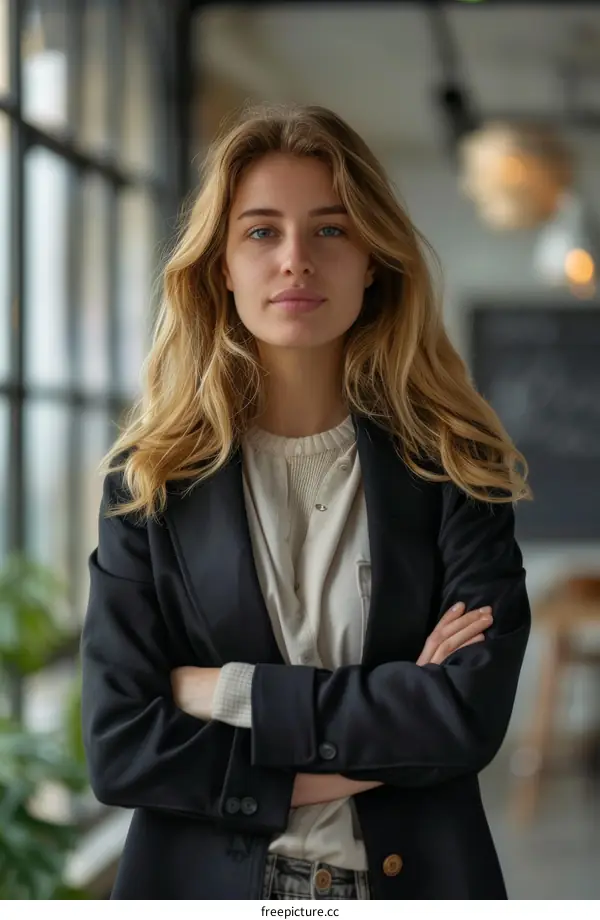 Portrait of a young woman in a black suit