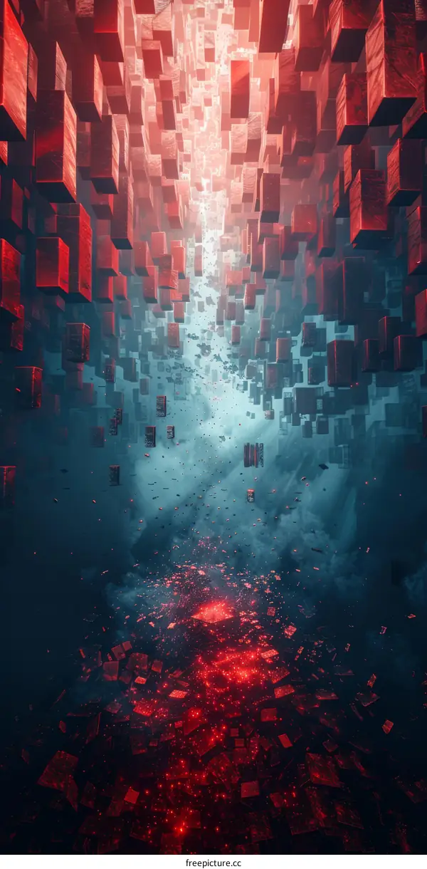 Futuristic Corridor with Floating Red and Blue Cubes