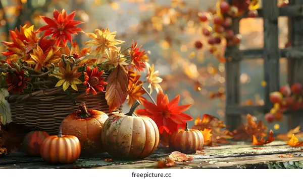 Colorful autumn flowers and pumpkins