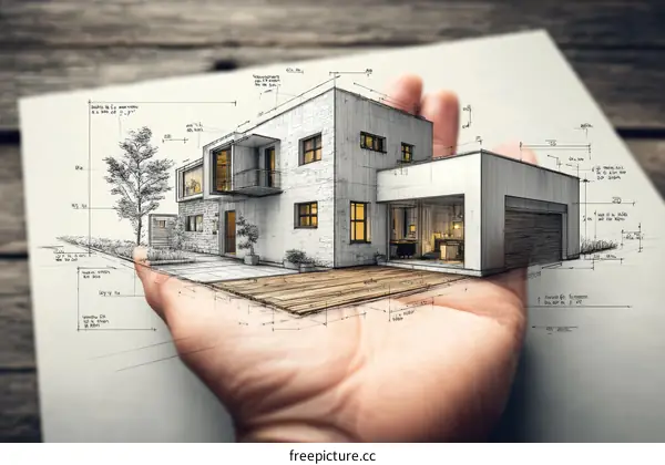 Hand Holding Architectural Drawing of Modern House