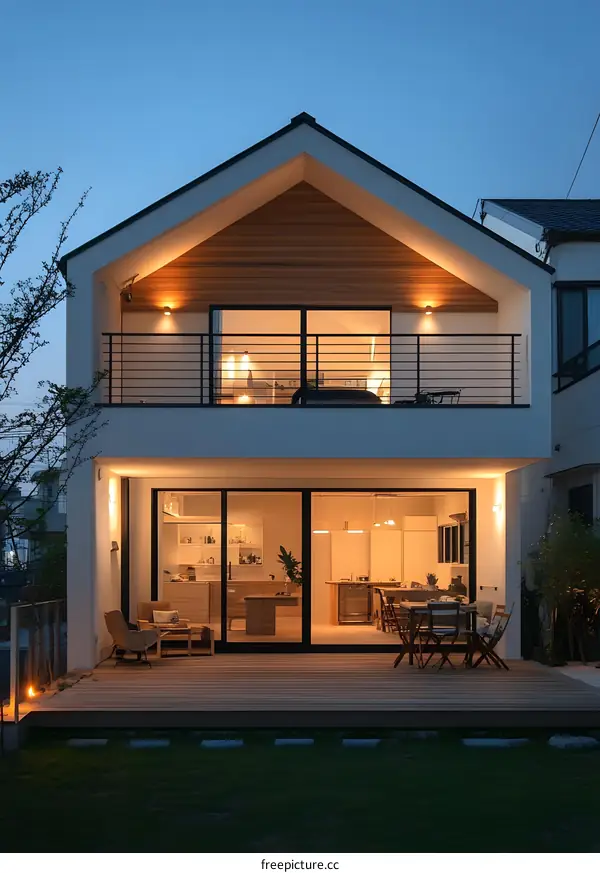 Modern Two Story House with Wooden Exterior and Large Windows