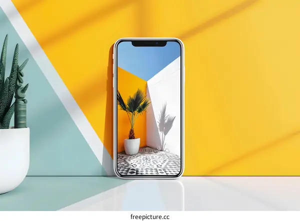 White Smartphone Mockup With Summer View on Yellow Background