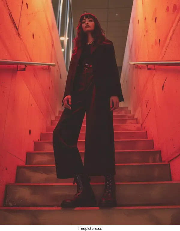 A woman in a black suit standing on a red staircase