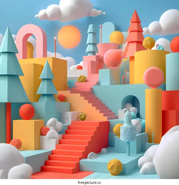 Surreal geometric shapes and stairs in a colorful 3D landscape