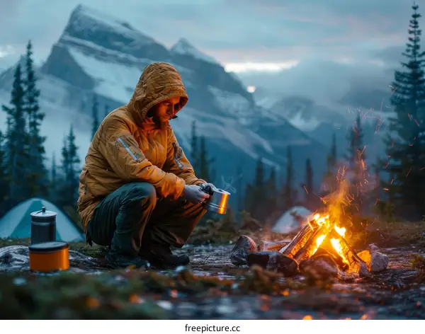 Man camping alone in the mountains