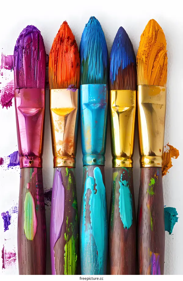 five paintbrushes with different colors of paint on a white background