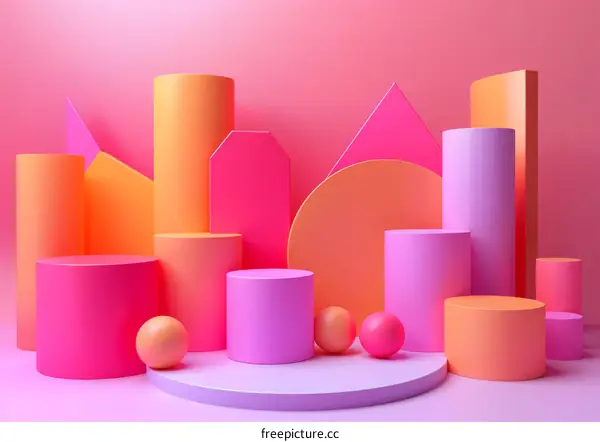 3D Geometric Shapes in Pink, Orange, and Purple