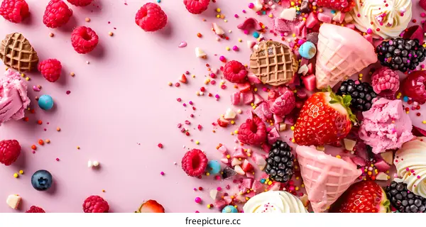 Pink Background with Ice Cream, Fruit, and Sprinkles