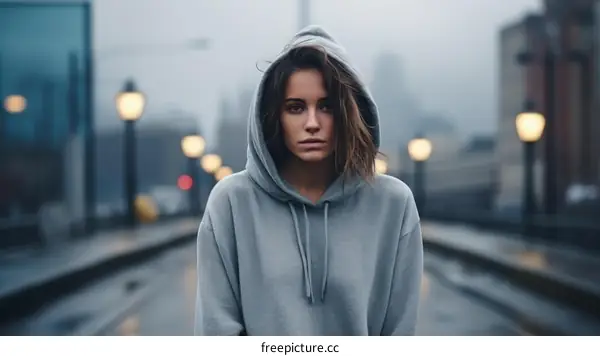 Portrait of a young woman in a gray hoodie looking at the camera with a neutral expression