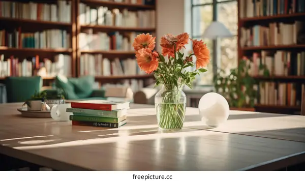 An assortment of orange flowers set elegantly on a table within a library setting.