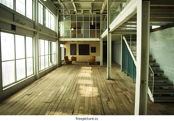 Industrial Loft Interior With Wood Floor And Staircase