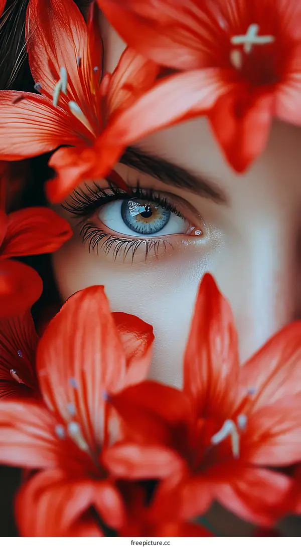 Close Up Woman Eye with Red Flowers