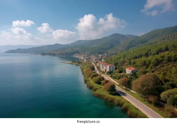 Coastal Village Panorama with Lake and Mountains