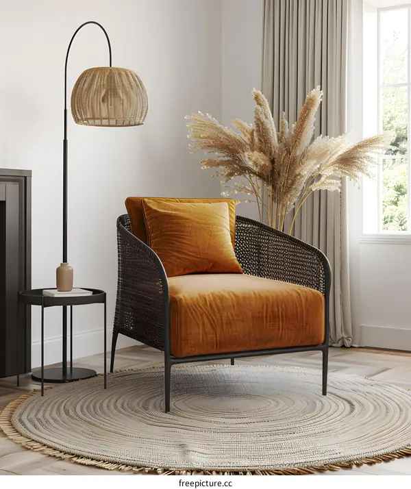 Modern Living Room Interior Design with Armchair, Floor Lamp and Rug