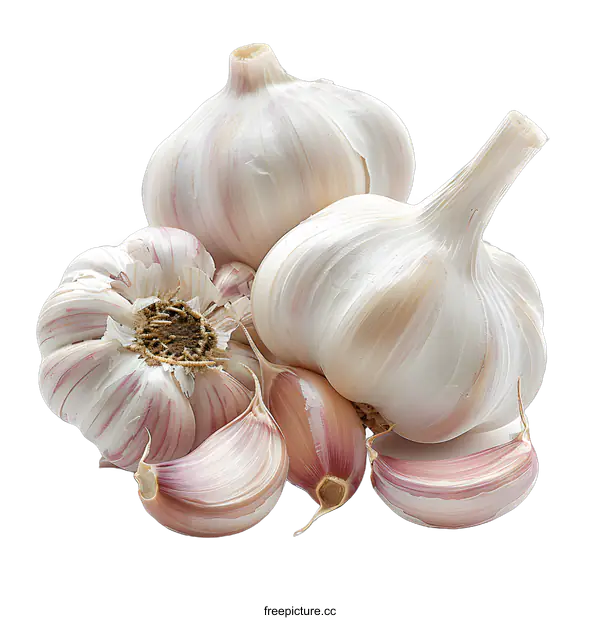 [Transparent Background PNG]Three garlic bulbs and some cloves of garlic