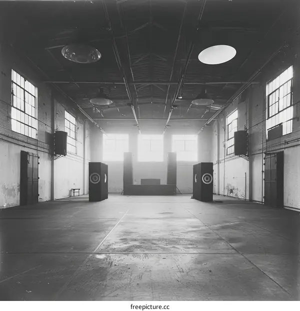 Empty Industrial Event Venue with Brick Walls and Large Windows