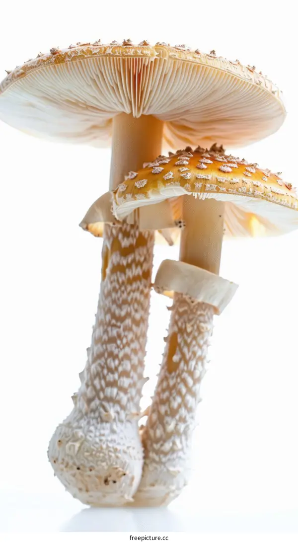 Three orange Amanita mushrooms with white spots on a white background